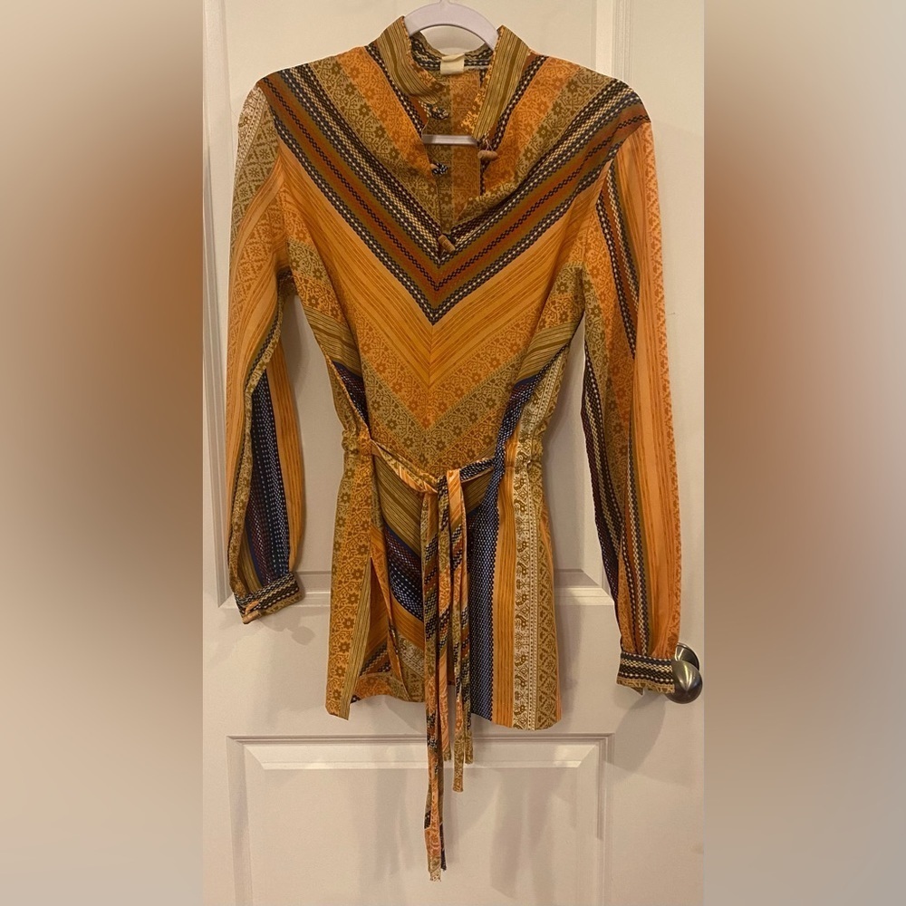 Vintage Mid Century Modern Tunic Dress Sz 14 Orange Blue Tan Multi Print 1970’s